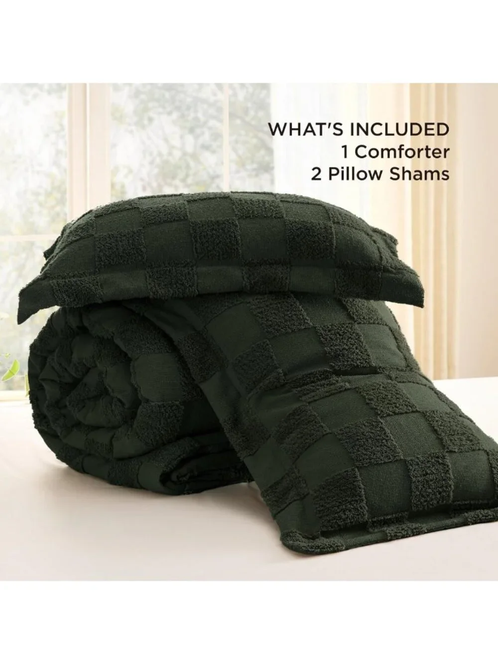 Cozy Dark Olive Green Queen Comforter Set, Boho Plaid 3-Piece Bedding Ensemble